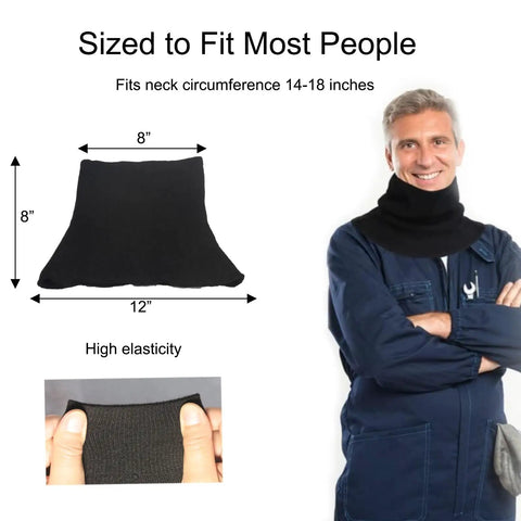 Keep Your Neck Covered With This Heavy Duty Kevlar Welding Neck Gaiter Stops Hot Sparks And Flying Embers During Real Grind Shifts On The Job Site Or In The Shop In Black Large, shown fitting a model.