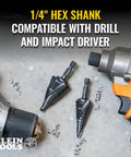 Heavy Duty Step Drill Bit With Quick Release Spiral Flutes And Hex Shank Cuts Steel Wood Plastic Aluminum Effortlessly In The Seven Eighth To One Eight Inch Range Durable Nitride Coating so it never gets slammed works like a champ for impact drivers.