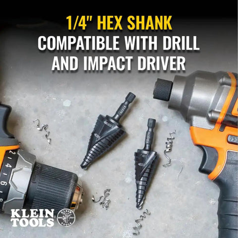 Heavy Duty Step Drill Bit With Quick Release Spiral Flutes And Hex Shank Cuts Steel Wood Plastic Aluminum Effortlessly In The Seven Eighth To One Eight Inch Range Durable Nitride Coating so it never gets slammed works like a champ for impact drivers.