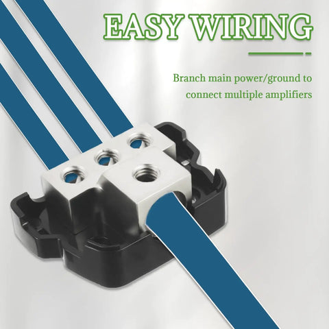 Three Way Car Audio Power Distribution Block For Amplifier Input Accepts 0, 2, And 4 AWG Wires Output Provides Three Posts For 4 And 8 AWG Wires Easy Install Nickel Plated Internals Resist Corrosion Heavy Duty Hub For Clean Power And Reduced Noise. easy wiring car audio power block with three output posts