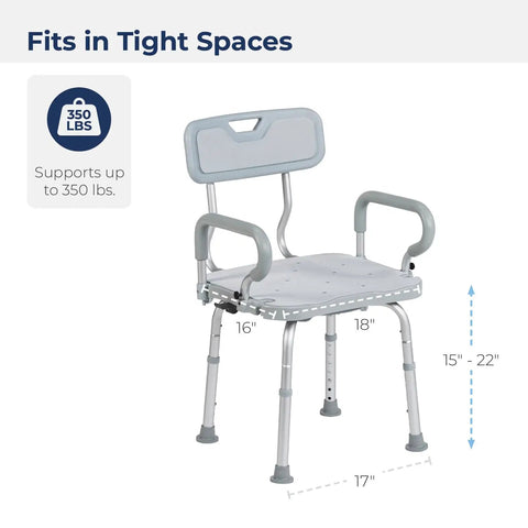 PreserveTech 360 Degree Swivel Shower Chair With Arms And Back, compact size for safe bath time, supports 350 lbs, 15-22 in height.