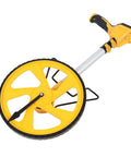 Heavy Duty Digital Measuring Wheel For Yard And Job Sites Folding Telescopic Handle With Backlit Screen And Carry Pouch Measures Up To 100K Feet close-up of yellow roller wheel and handle