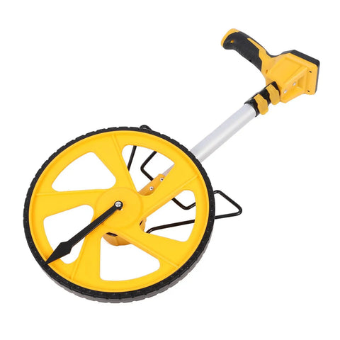Heavy Duty Digital Measuring Wheel For Yard And Job Sites Folding Telescopic Handle With Backlit Screen And Carry Pouch Measures Up To 100K Feet close-up of yellow roller wheel and handle