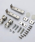 Heavy Duty 2 Piece 4 Wheel Metal Sliding Track Wheel Set With Hanger And Ball Bearing Pulleys For Wardrobe Closet Barn Doors, Quiet Smooth Operation, Zinc Alloy Nylon Construction on a white background