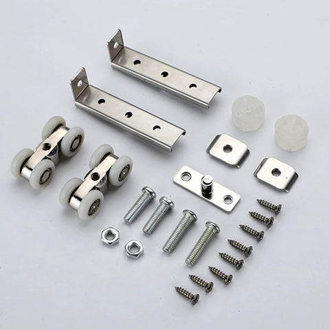 Heavy Duty 2 Piece 4 Wheel Metal Sliding Track Wheel Set With Hanger And Ball Bearing Pulleys For Wardrobe Closet Barn Doors, Quiet Smooth Operation, Zinc Alloy Nylon Construction on a white background