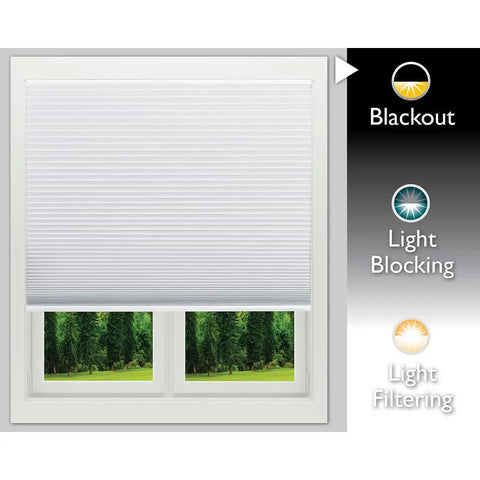 No Tools Easy Lift Cordless Cellular Blackout Shade White With Trim At Home Scale And Guide Easy Stick Peel And Place Mount 30 W By 64 L Fits 19 To 30 Inch Windows shown covering window with blackout feature displayed.