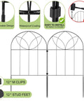Arch Black No Dig Metal Garden Fence Panels, 6 Pack, Rustproof Border Fencing For Flower Beds, Rabbits And Dogs, 24 Inches High, Easy Setup, 6 Feet Long, Decorative Patio Yard Fence, showing design and installation features with clips included.