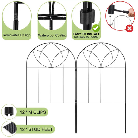 Arch Black No Dig Metal Garden Fence Panels, 6 Pack, Rustproof Border Fencing For Flower Beds, Rabbits And Dogs, 24 Inches High, Easy Setup, 6 Feet Long, Decorative Patio Yard Fence, showing design and installation features with clips included.