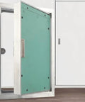 Rock Solid Paintable Aluminum Drywall Access Panel Door For Walls Ceilings Or Floors With Sturdy Handle No Sweat Install Quick Electrical And Plumbing Inspection Smooth Finish showing a green panel and metal frame.