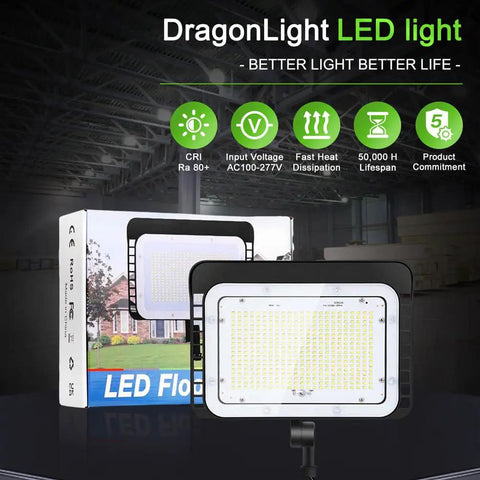 150W LED Flood Light With Dusk To Dawn Sensor, IP65 Waterproof Outdoor Floodlight packaging and product display, warehouse background