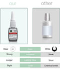 Comparison of Ultra Sticky Rubber Glue Instant Adhesive and another adhesive, highlighting color, adhesive strength, lasting time, and smell.