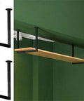 Beefy Heavy Duty Metal Ceiling Mount Shelf Brackets With Screws Built Different Game Changer For Home Organization Kitchen Storage And Wine Display Solid Black Support Hardware Two Pack displayed with wood shelf.