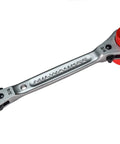 Built Different 5 In 1 Ratcheting Lineman Wrench With Integrated Hammer Cushion Grip, Heavy Duty Steel Frame 9 16 3 4 Inch Twelve Point Sockets, Rock Solid Electrical Tool Crafted Zero Fluff For Quick Utility Repairs Always On Demand, showing detailed view of the wrench.