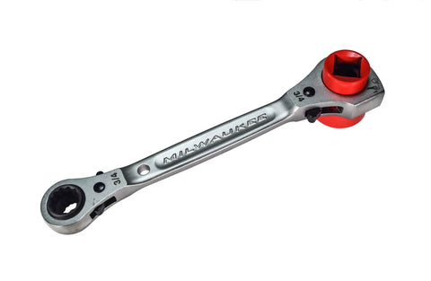 Built Different 5 In 1 Ratcheting Lineman Wrench With Integrated Hammer Cushion Grip, Heavy Duty Steel Frame 9 16 3 4 Inch Twelve Point Sockets, Rock Solid Electrical Tool Crafted Zero Fluff For Quick Utility Repairs Always On Demand, showing detailed view of the wrench.