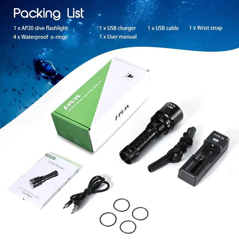 AP20 Scuba Dive Light 2000 Lumens Beast Bright Waterproof Underwater Torch with accessories, packaging, and manual