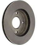 Centric front brake rotor, vented design, center hub with three mounting holes, metallic gray