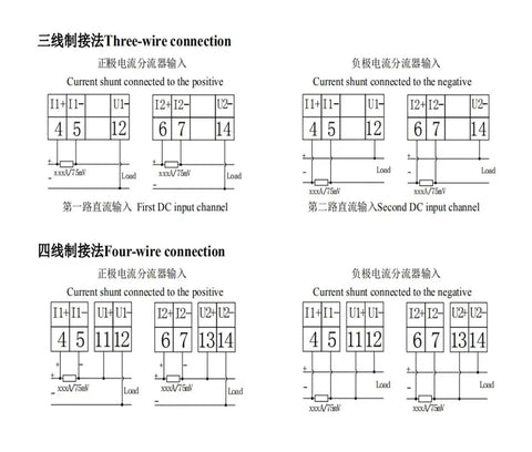 Diagram showing three-wire and four-wire connections for Plug And Play DC Energy Meter Display For Electric Vehicle Charging.