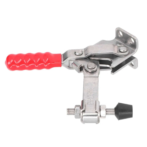 Vertical Toggle Clamp 304 Stainless Steel Beefy 500 Lb Holding Capacity GH 12130SS with red handle, side view