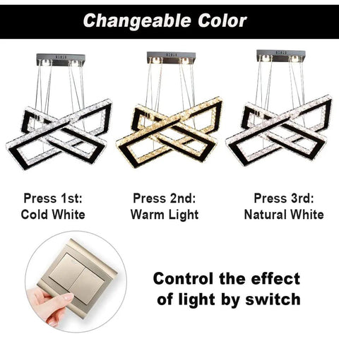 Lit LED Two Ring Rectangular Crystal Chandelier Pendant Light showing three color temperatures: cool, warm, natural light.