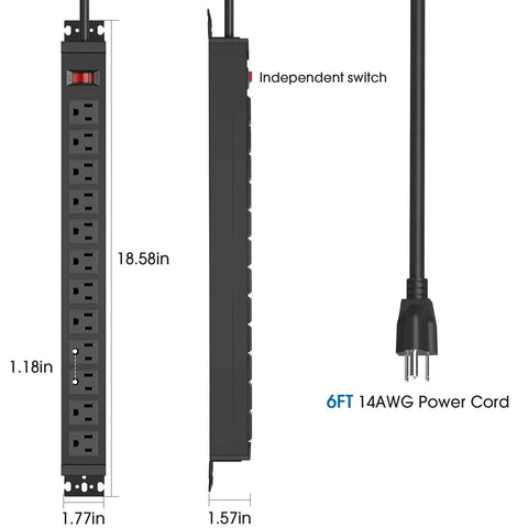 Rotating Mountable Power Strip With 12 Outlets And Wall Mount Heavy Duty Metal Surge Protector 125V 15A 1875W 6 Foot Cord