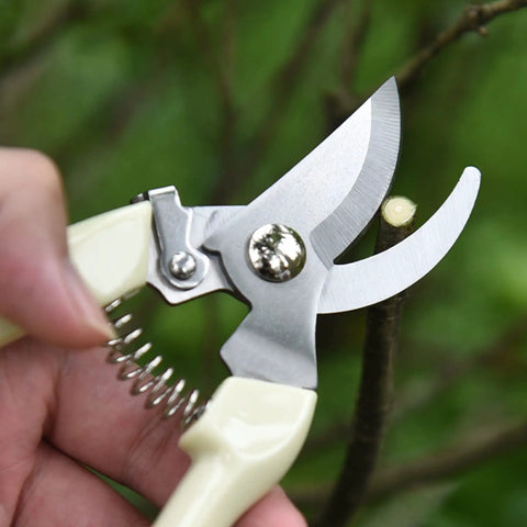 Close-up of stainless steel No Fuss Ergonomic Garden Pruning Shears With Bypass Blade cutting a twig, ergonomic grip visible
