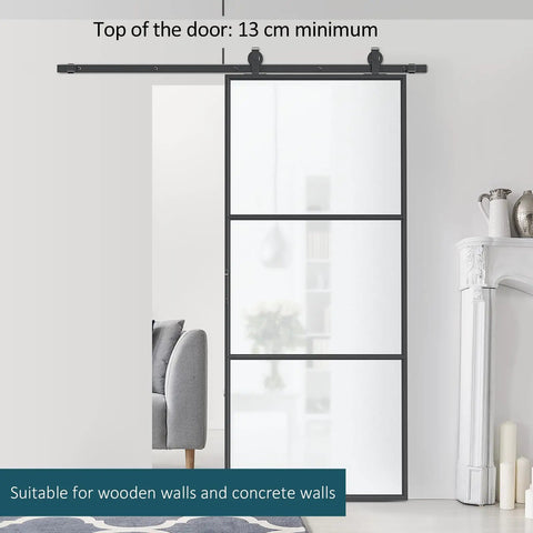 Super Slick Frosted Privacy Glass Barn Door Hardware Kit With Heavy Duty Track And Silent Rolling Wheels For Easy 36 By 84 Inch Sliding Install Plus Smooth Gliding Action Room Divider Setup mounted in a modern living space.