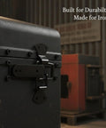 Close-up of Heavy Duty Spring Toggle Latch For Toolboxes And Storage Cases Solid Iron with electro plating on a storage box.