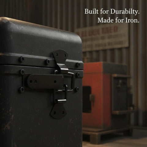Close-up of Heavy Duty Spring Toggle Latch For Toolboxes And Storage Cases Solid Iron with electro plating on a storage box.