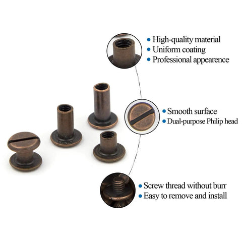Knockout Red Copper Leather Rivet Assorted Kit With Slick Slotted And Phillips Head Bookbinding Posts displayed with various sizes and finishes.