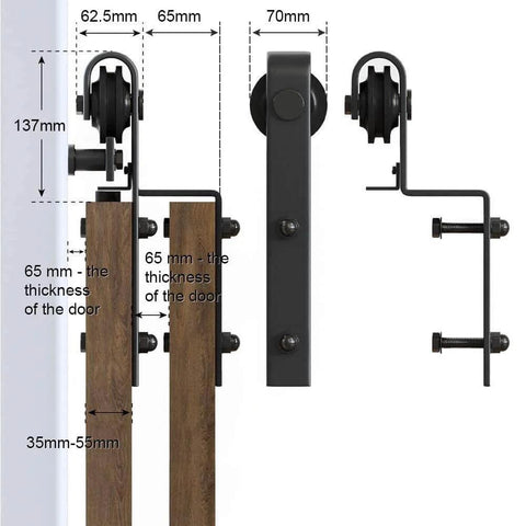 Heavy Duty Sliding Barn Door Hardware Kit With Silent Flat Track And Ultra Smooth Glide, side view installation details.