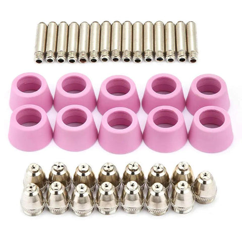 Jiawu Plasma Cutter Consumables Kit With 40 Pieces Electrode Nozzles And Ceramic Cups For CUT60 LGK60 Torch includes pink ceramic cups and metal nozzles.