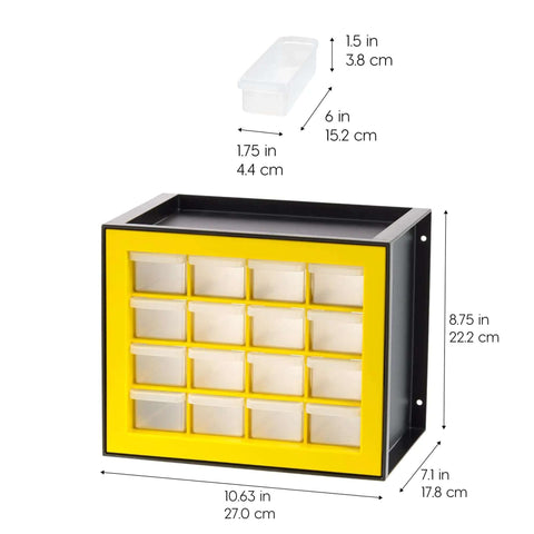 Straightforward 16 Drawer Toolbox Organizer For Garage Desk Storage Kills The Mess At Your Workbench Stores Screws Hardware And Craft Gear In Sunny Yellow with detailed measurements.