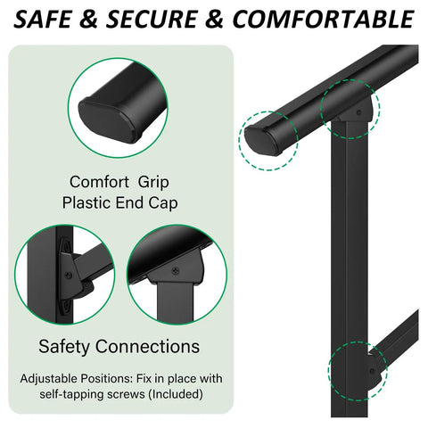 Heavy Duty 3 Step Handrails For Outdoor Front Porch Stairs Durable Safety Guardrail highlighting comfort grip end cap and safety connections.