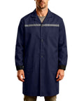 Mens Heavy Duty Mechanic Lab Coat With Reflective Safety Strips Breathable Navy Workshop Uniform Industrial Warehouse Gear Built For The Daily Grind And Long Shifts, model wearing with pockets, front view.
