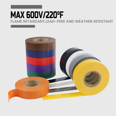 10 Color Pack Colored Electrical Tape Waterproof Three Quarter Inch By Sixty Six Feet Industrial Grade UL CSA Listed High Temperature Vinyl Tape stacked display