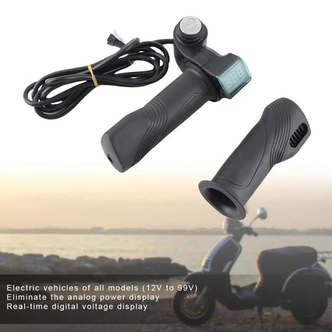 Electric Throttle Grip With Ignition For Scooters And E Bikes, Plug And Play Universal Handlebar Speed Controller, Volt Meter Readout, 6V To 48V Compatibility, shown with handlebar and digital display