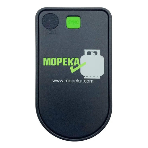 Black Propane Tank Gas Level Indicator With Magnetic Bluetooth Sensor featuring a green sync button and Mopeka brand logo