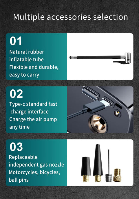Portable Car Tire Inflator With Digital Gauge, 12V DC Air Pump accessories including rubber tube, Type-C port, and nozzles