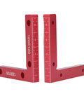 Sturdy Right Angle Clamps 2 Pack Aluminum Alloy Positioning Tools For Woodworking And Crafts To Make Perfect Square Corners Every Time With Clear Red Measurement Scale For Pros Who Need Reliable Balance And Precision On The Job Site Now, showing red anodized finish with measurement scales.