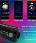 LED Bluetooth Fiber Optic Star Ceiling Kit 16W RGBW With 150 Fiber Optic Strands, showing mobile control features and light engine.