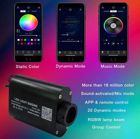 LED Bluetooth Fiber Optic Star Ceiling Kit 16W RGBW With 150 Fiber Optic Strands, showing mobile control features and light engine.