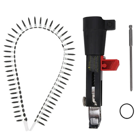 Auto Feed Electric Screw Gun Featuring Adjustable Depth And Badass Aluminum Build For Seamless Woodworking And Fast Gypsum Board Ceiling Jobs No Sweat Setup With Reliable Performance For Serious Makers, with screws and attachments.