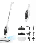 Heavy Hitting 10 In 1 Steam Mop With Detachable Handheld Unit and 3 Reusable Microfiber Pads, showcasing various attachments.