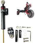 Carbon Fiber Look Steering Damper Kit For Dual Motor Electric Scooters, components and installed view with hardware included.