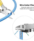 Close-up of wire cutter pliers cutting blue Ethernet cable, part of the All In One Ethernet Crimp Tool Kit With Pass Through RJ45 Crimpers.