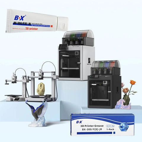 3D Printer Grease 1oz High Temperature Lubricant For Linear Rods Bearings Z Axis And Lead Screws Non Corrosive Long Lasting Maintenance displaying alongside 3D printers and packaging on a pedestal.