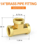 Brass Tee Fitting Kit Three Way One Quarter Inch NPT Female Pipe Connectors with measurements shown