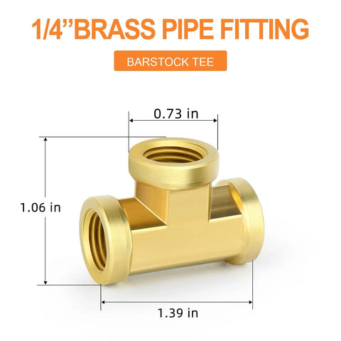 Brass Tee Fitting Kit Three Way One Quarter Inch NPT Female Pipe Connectors with measurements shown
