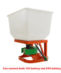 ATV Front Mount Broadcast Spreader For Fertilizer And Seed, 265Lb Hopper, side view showing 12V and 24V electric motor connections