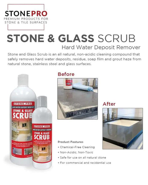 StonePro bottles with hard water deposit remover, before and after cleaning glass and stone surfaces, chemical-free, non-acidic solution.